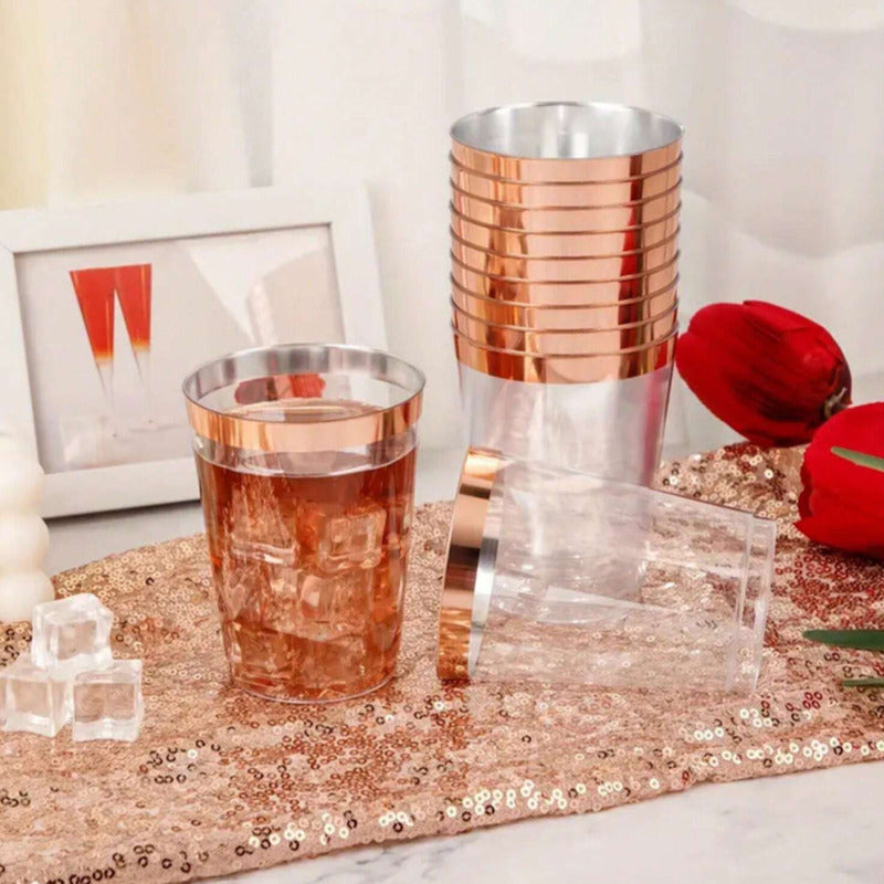 Vasos Orilla Rosa 10oz · Set 100 piezas Reutilizables