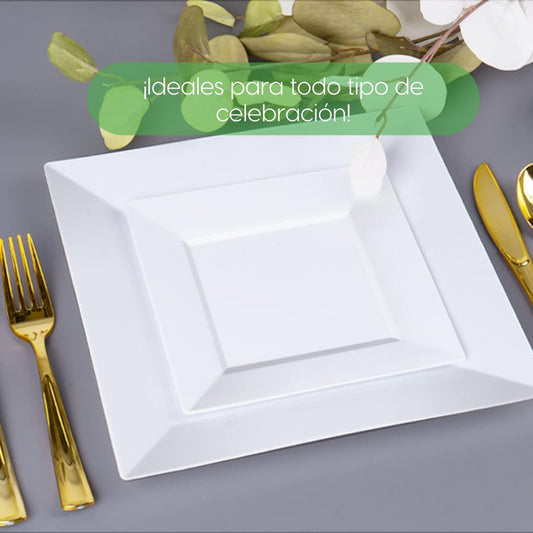 50 Platos Reutilizables Elegantes Ibiza Cuadrados Alviria Blanco