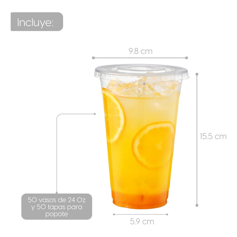 Alviria 50 Vasos Desechables Plástico 24 Oz Con Tapa Popote Transparente