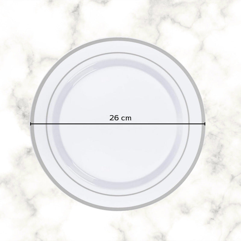 Platos Elegantes Orilla Plata 26cm · Set 50 piezas