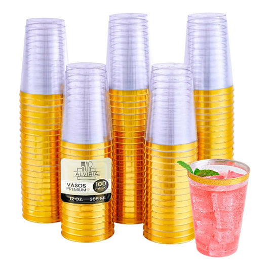 Set de 100 vasos de 12 onzas con orilla dorada para servir refresco y agua en una fiesta