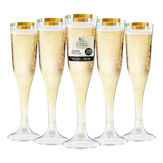 Copas de champaña con orilla dorada de 4.5 onzas de Alviria, set de 50 piezas