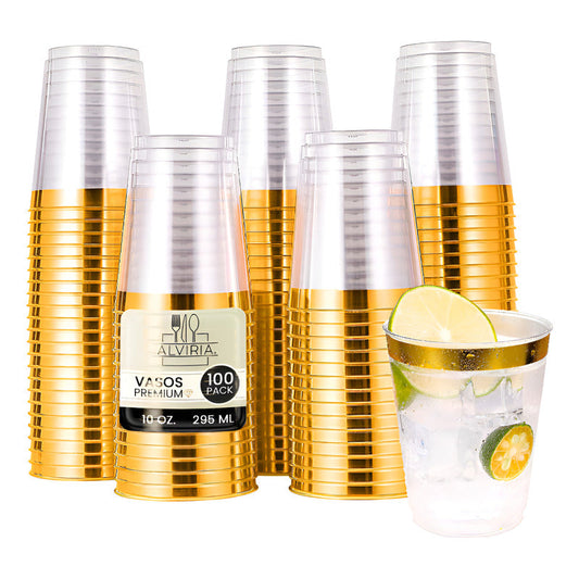 Set de 100 vasos de 10 onzas con orilla dorada para servir bebidas en una posada