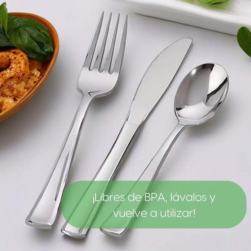Alviria Set Cubiertos De Plástico Reutilizables 150 Piezas Plata