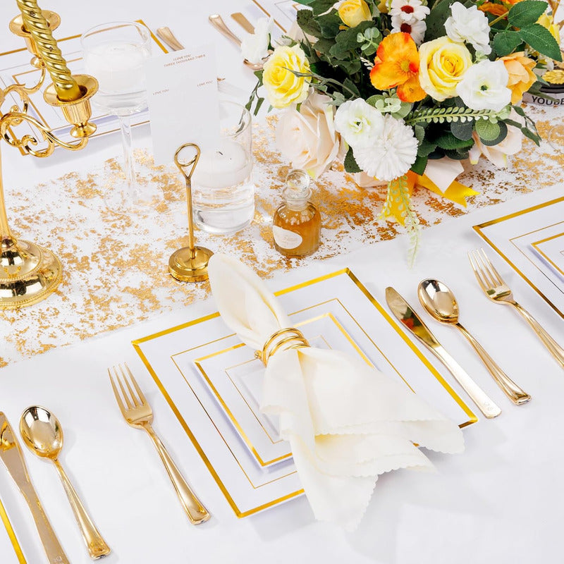 Set 50 Platos Cuadrados Blancos Reutilizables Borde Líneas Blanco Ibiza