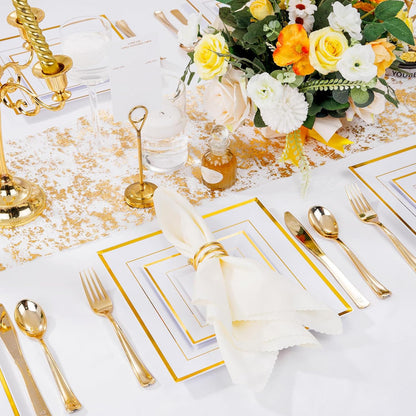 Set 50 Platos Cuadrados Blancos Reutilizables Borde Líneas Blanco Ibiza