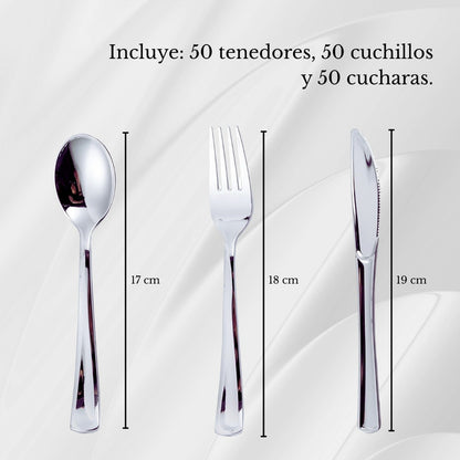 Alviria Set Cubiertos De Plástico Reutilizables 150 Piezas Plata