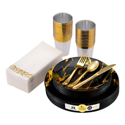 Juego De Vajilla Para Fiesta Desechable 175 Pzs 25 Servicios Negro Oro Tipo Mármol