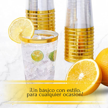Vasos Elegantes 100 Pzs 12 Onzas (355ml) Bordes Dorados Dorado