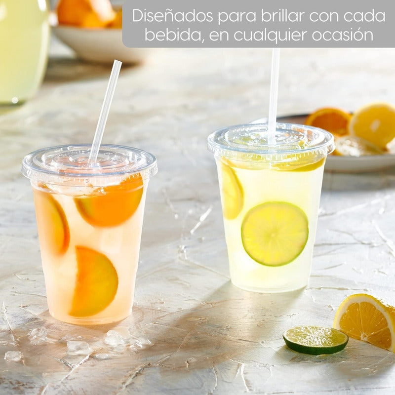 Alviria 50 Vasos Desechables Plástico 12 Oz Con Tapa Popote Transparente