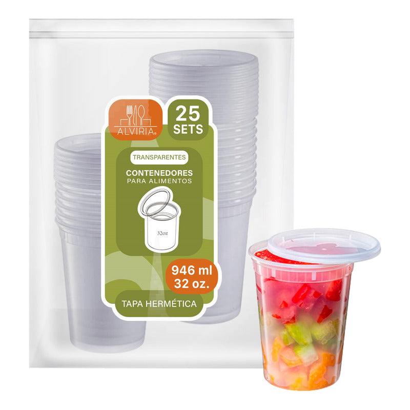 Alviria 25 Envases Reutilizables De Alimentos 32oz Con Tapa Transparente