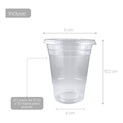 Alviria 50 Vasos Desechables Plástico 12 Oz Con Tapa Popote Transparente