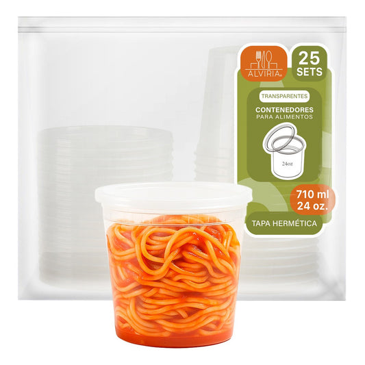 Alviria 25 Envases Reutilizables De Alimentos 24oz Con Tapa Transparente