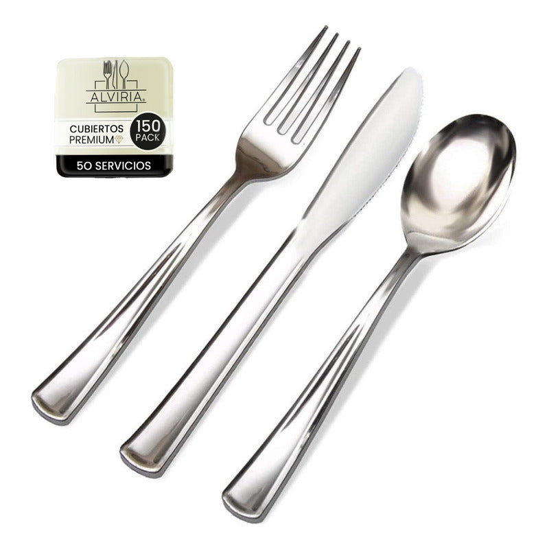 Alviria Set Cubiertos De Plástico Reutilizables 150 Piezas Plata