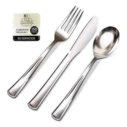 Alviria Set Cubiertos De Plástico Reutilizables 150 Piezas Plata