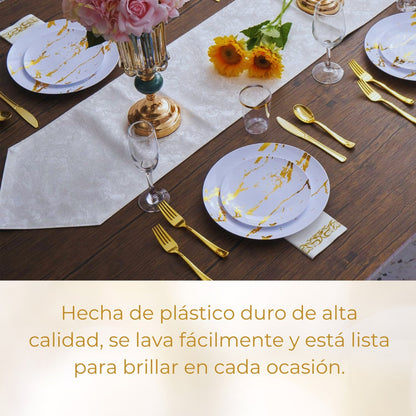 Juego De Vajilla Para Fiesta Desechables 175 Pzs 25 Personas Blanco/oro Tipo Mármol