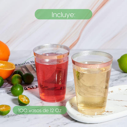 100 Vasos Reutilizables De Plástico 12oz Para Fiesta Orila Rosa