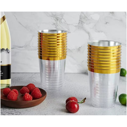 Vasos Elegantes 100 Pzs De 10 Onzas (295ml) Bordes Dorados Transparente Con Dorado