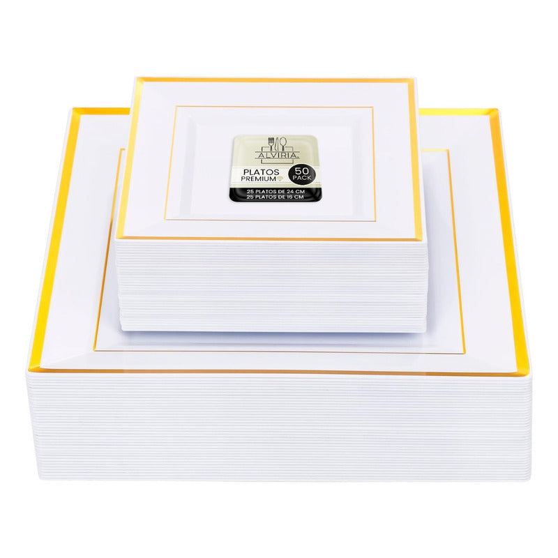 Set 50 Platos Cuadrados Blancos Reutilizables Borde Líneas Blanco Ibiza