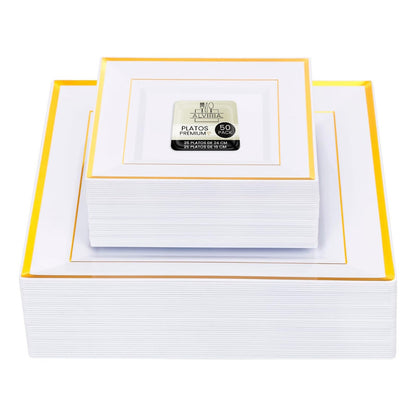 Set 50 Platos Cuadrados Blancos Reutilizables Borde Líneas Blanco Ibiza