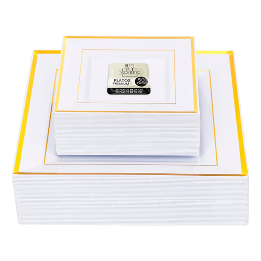 Set 50 Platos Cuadrados Blancos Reutilizables Borde Líneas Blanco Ibiza