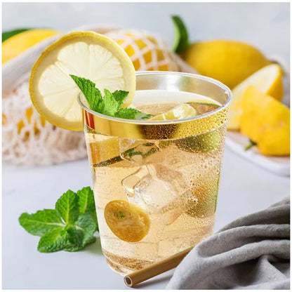 Vasos Elegantes 100 Pzs De 10 Onzas (295ml) Bordes Dorados Transparente Con Dorado