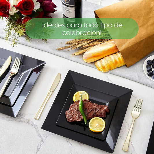 Platos Cuadrados Ibiza Negro · Set 50 piezas Premium