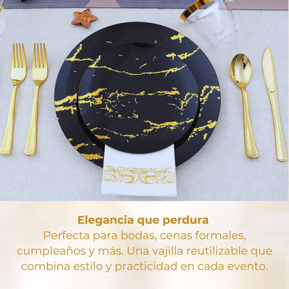 Juego De Vajilla Para Fiesta Desechable 175 Pzs 25 Servicios Negro Oro Tipo Mármol