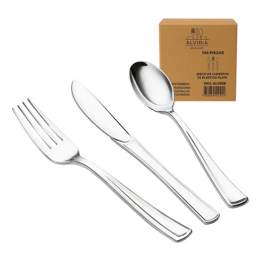 Alviria Set Cubiertos De Plástico Reutilizables 150 Piezas Plata