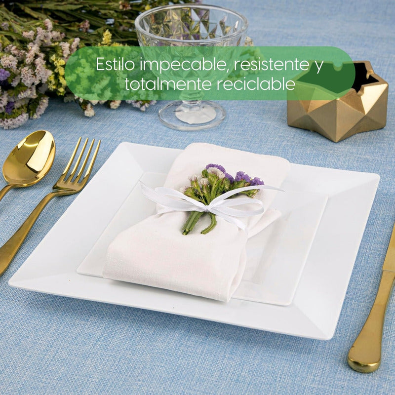 50 Platos Reutilizables Elegantes Ibiza Cuadrados Alviria Blanco