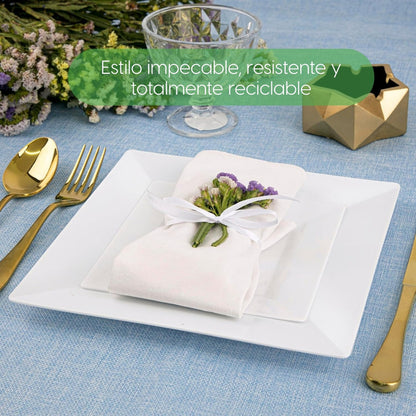 50 Platos Reutilizables Elegantes Ibiza Cuadrados Alviria Blanco