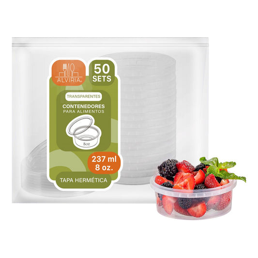 Alviria 50 Envases Para Alimentos Reutilizable 8 Oz Con Tapa Transparente