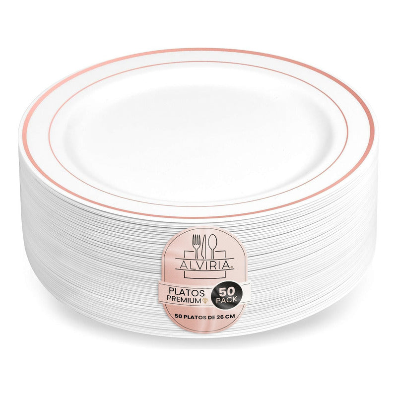 Platos De Plástico Reutilizable 50 Pz (26cm) Orilla Oro-rosa Oro/rosa