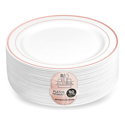 Platos De Plástico Reutilizable 50 Pz (26cm) Orilla Oro-rosa Oro/rosa