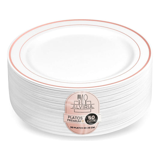 Platos De Plástico Reutilizable 50 Pz (26cm) Orilla Oro-rosa Oro/rosa