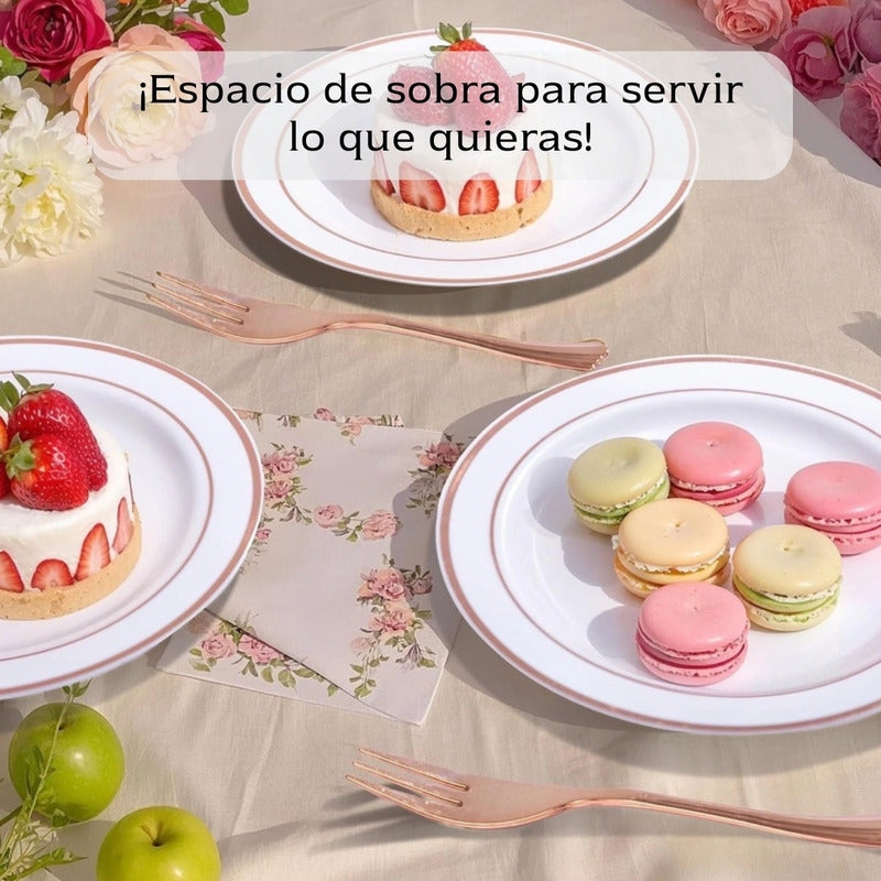 Platos De Plástico Reutilizable 50 Pz (26cm) Orilla Oro-rosa Oro/rosa