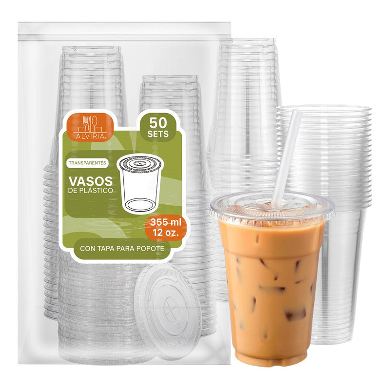 Alviria 50 Vasos Desechables Plástico 12 Oz Con Tapa Popote Transparente