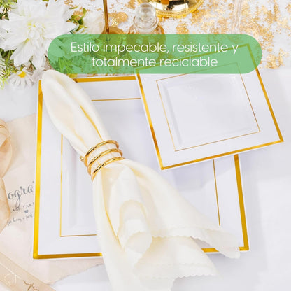 Set 50 Platos Cuadrados Blancos Reutilizables Borde Líneas Blanco Ibiza