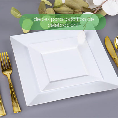 50 Platos Reutilizables Elegantes Ibiza Cuadrados Alviria Blanco