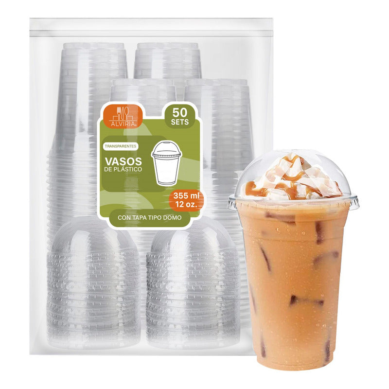 Alviria 50 Vasos Desechables Plástico 12 Oz Con Tapa Domo Transparente