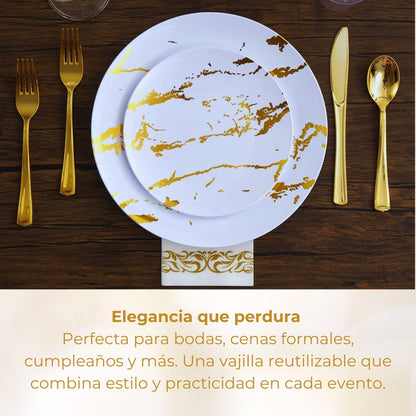 Juego De Vajilla Para Fiesta Desechables 175 Pzs 25 Personas Blanco/oro Tipo Mármol