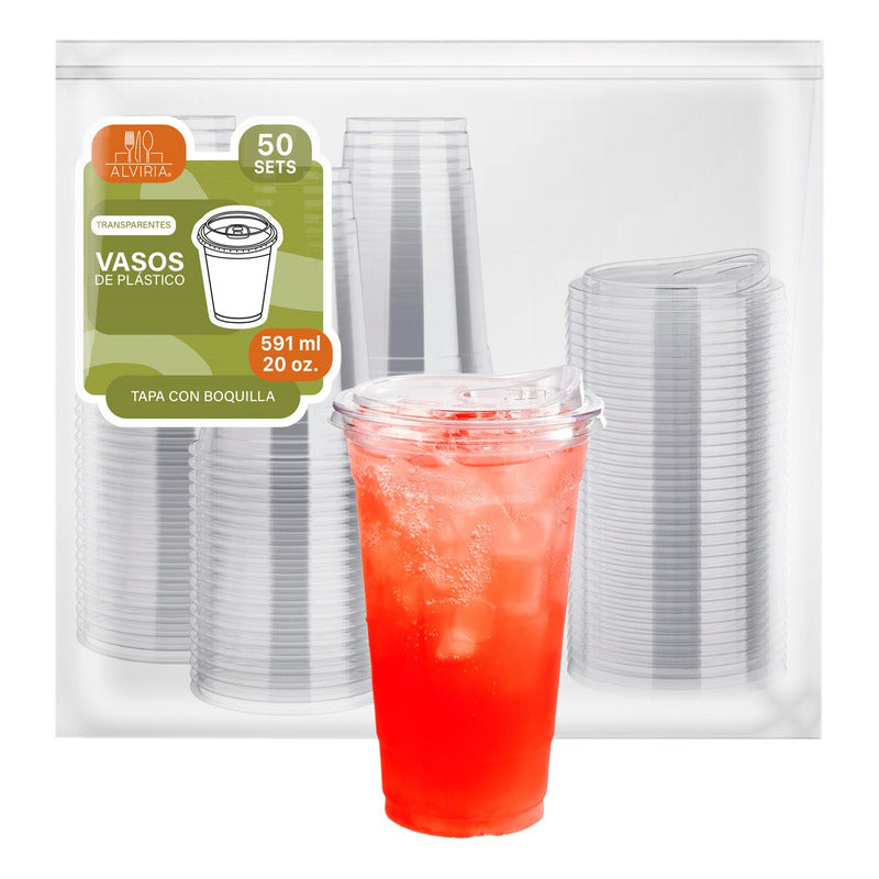 Alviria 50 Vasos Desechables Plástico 20 Oz Tapa Boquilla Transparente