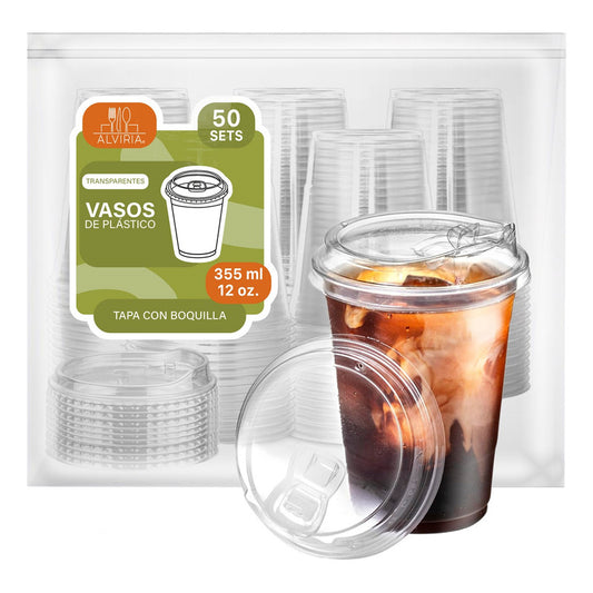 Alviria 50 Vasos Desechables Plástico 12oz Con Tapa Boquilla Transparente
