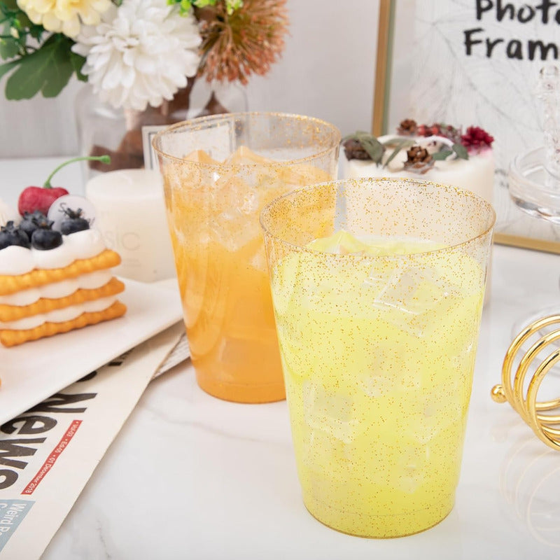 100 Piezas De Vasos De Plástico De 12 Oz (355ml) Con Glitter Dorado