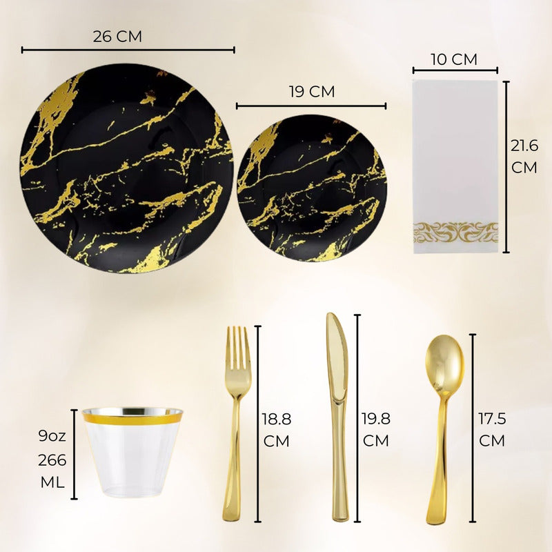 Juego De Vajilla Para Fiesta Desechable 175 Pzs 25 Servicios Negro Oro Tipo Mármol