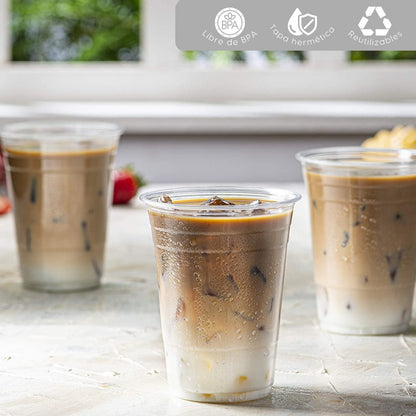 Alviria 50 Vasos Desechables De Plástico 16 Oz Tapa Popote Transparente