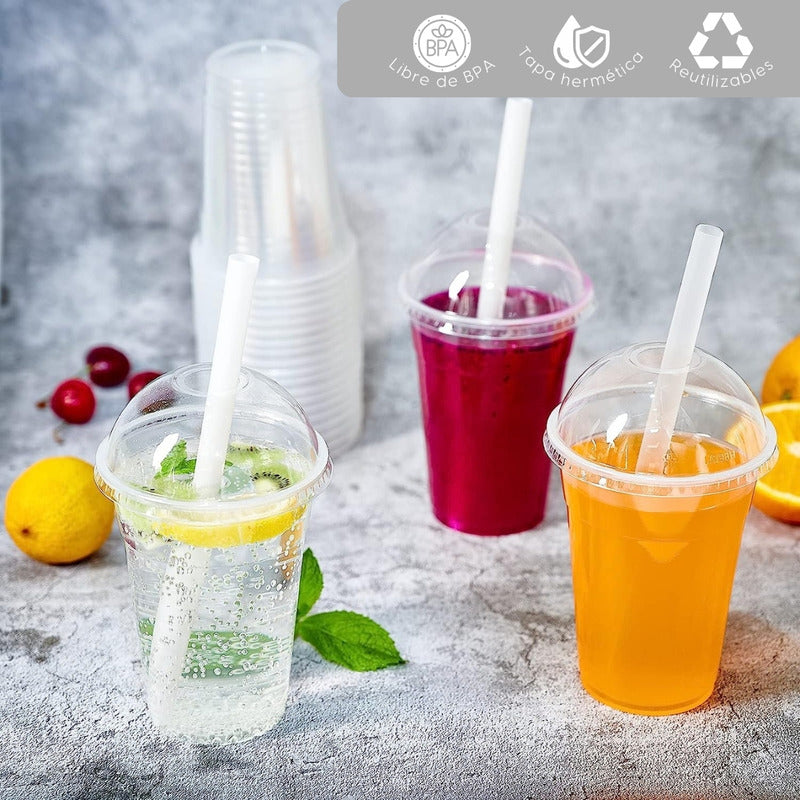 Alviria 50 Vasos Desechables Plástico 16 Oz Con Tapa Domo Transparente