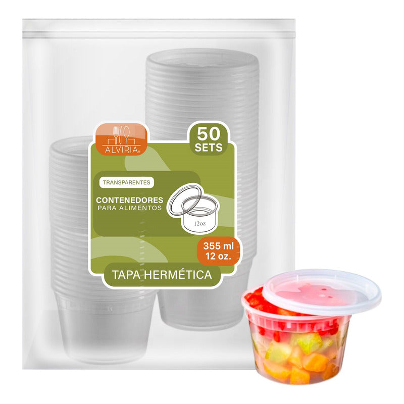 Alviria 50 Envases Para Alimentos Reutilizable 12oz Con Tapa Transparente