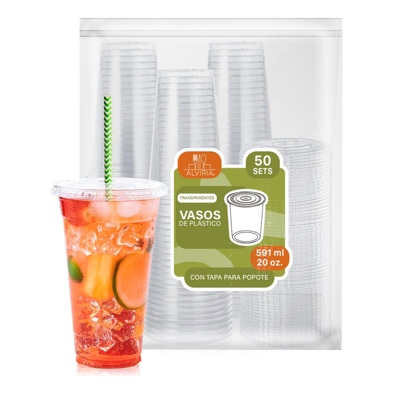 Alviria 50 Vasos Desechables Plástico 20 Oz Con Tapa Popote Transparente