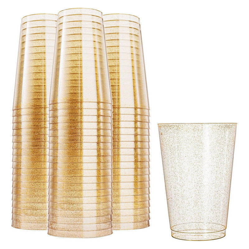 100 Piezas De Vasos De Plástico De 12 Oz (355ml) Con Glitter Dorado